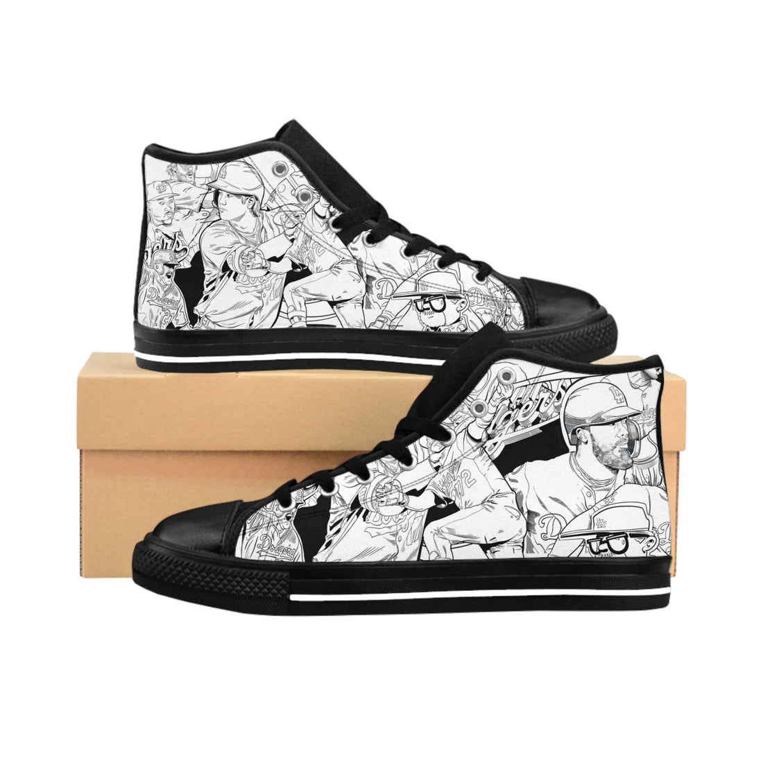 High-Top Sneakers — Black & White Illustrated Character Pattern