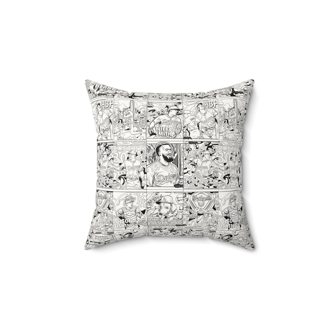 Dodger Player Collage Faux Suede Pillow — Black & White Illustrated Square Throw Pillow